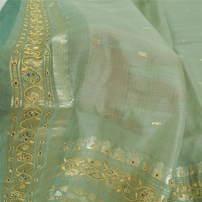 Sanskriti Vintage Mint Sarees Pure Silk Hand Beaded Woven Sari 5yrd Craft Fabric