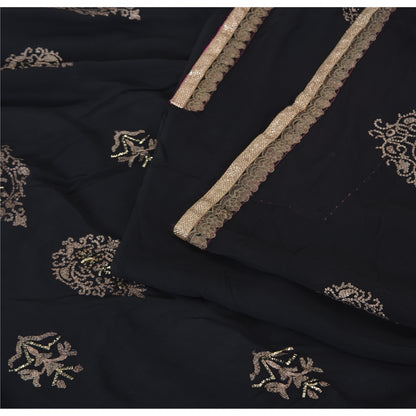 Sanskriti Vintage Black Sarees Pure Georgette Silk Embroidered Sari 5yrd Fabric