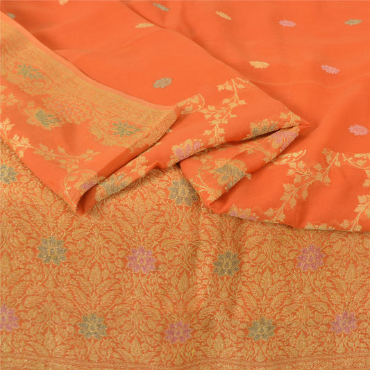 Sanskriti Vintage Orange Sarees Pure Georgette Silk Hand Woven Sari Craft Fabric