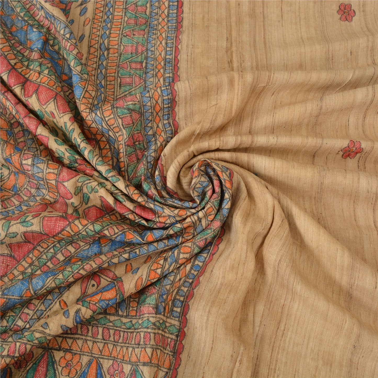 Sanskriti Vintage Beige Sarees Pure Jute Handprinted Woven Fabric Meenakari Sari