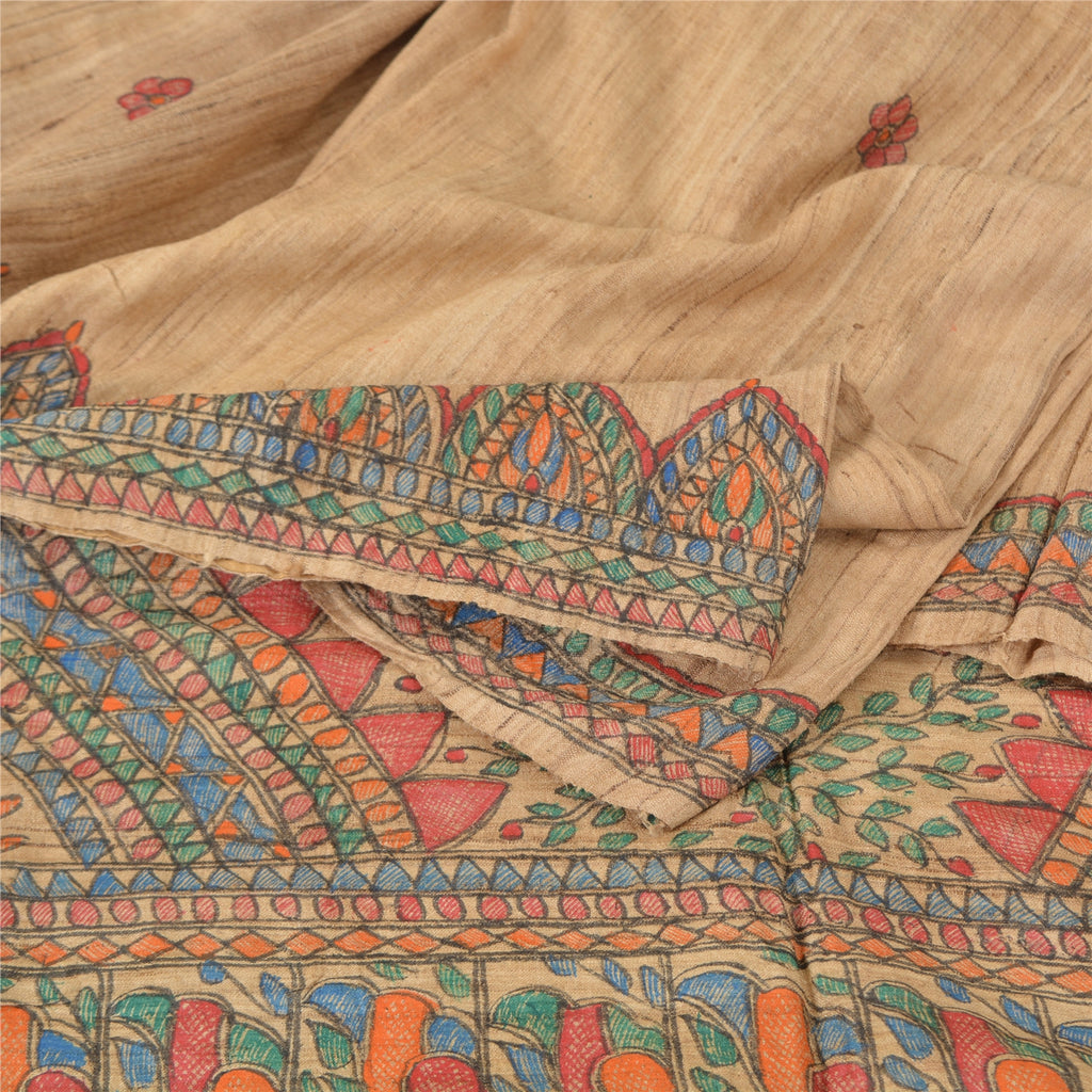 Sanskriti Vintage Beige Sarees Pure Jute Handprinted Woven Fabric Meenakari Sari