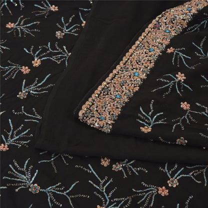 Sanskriti Vintage Black Sarees Pure Georgette Hand Beaded Sari 5yrd Craft Fabric