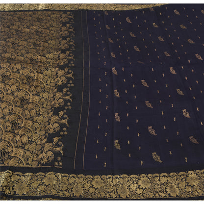 Sanskriti Vintage Indian Dark Blue Sarees Pure Silk Woven Ethnic Sari 5yd Fabric