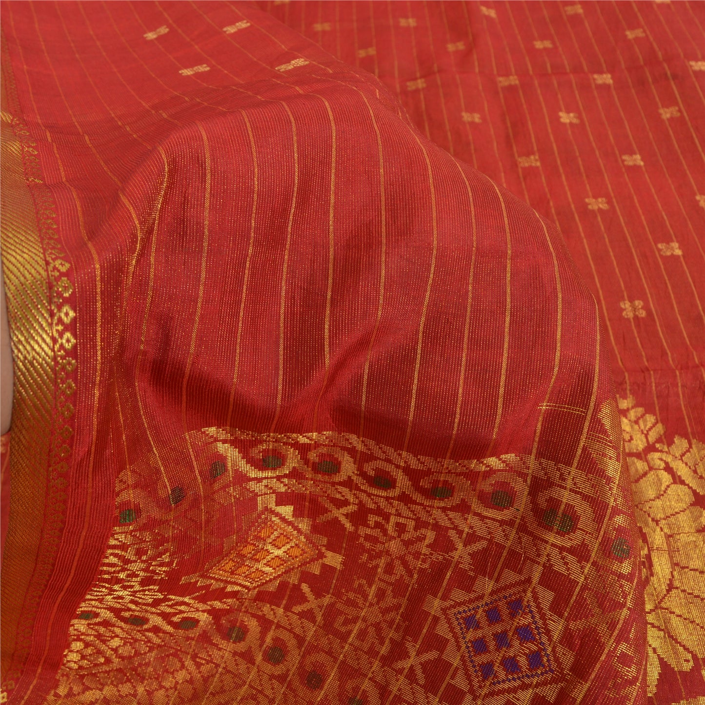 Sanskriti Vintage Red Sarees Pure Silk Brocade/Banarasi Hand Woven Sari Fabric