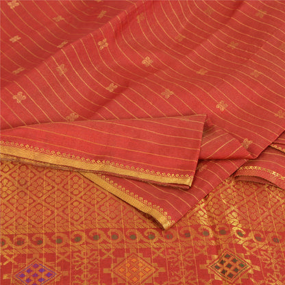 Sanskriti Vintage Red Sarees Pure Silk Brocade/Banarasi Hand Woven Sari Fabric