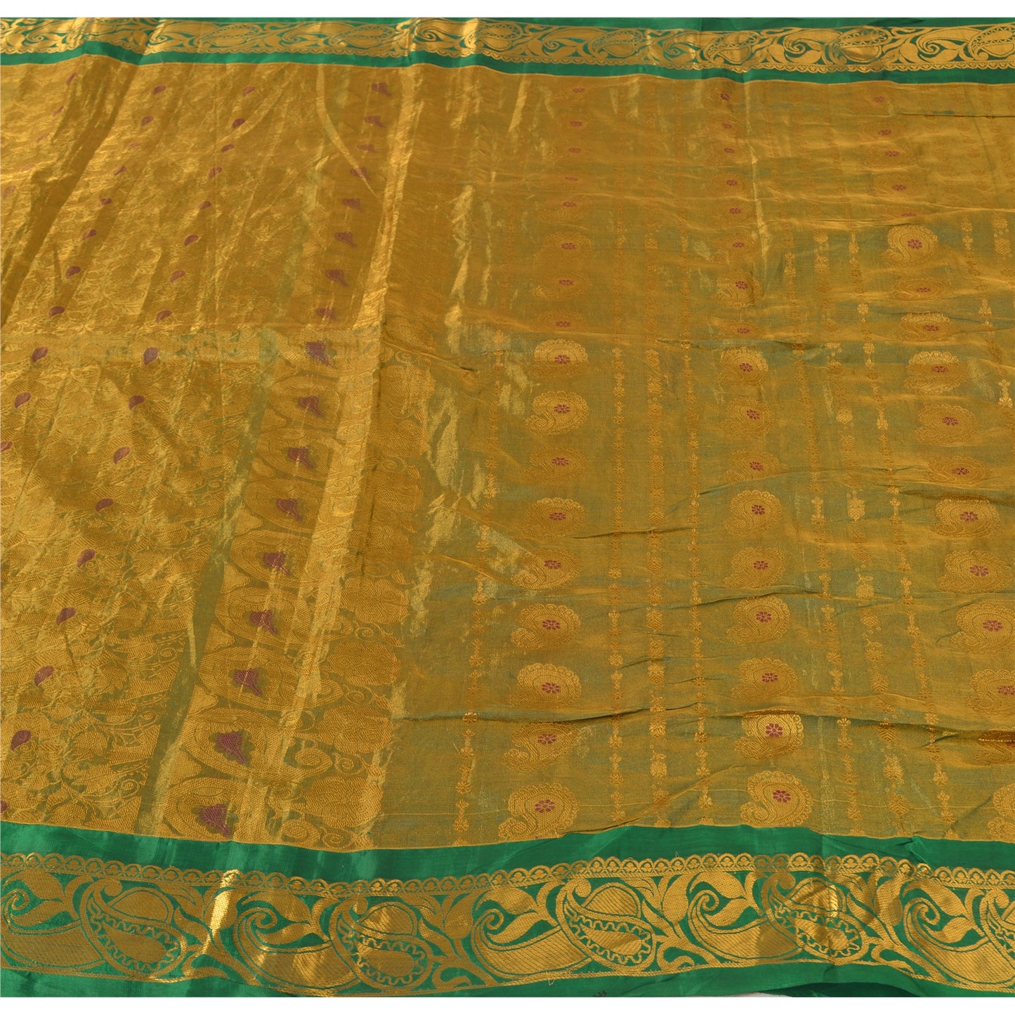 Sanskriti Vintage Yellow Green Sarees Pure Silk Hand Woven Premium Fabric Sari