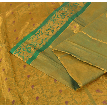 Sanskriti Vintage Yellow Green Sarees Pure Silk Hand Woven Premium Fabric Sari