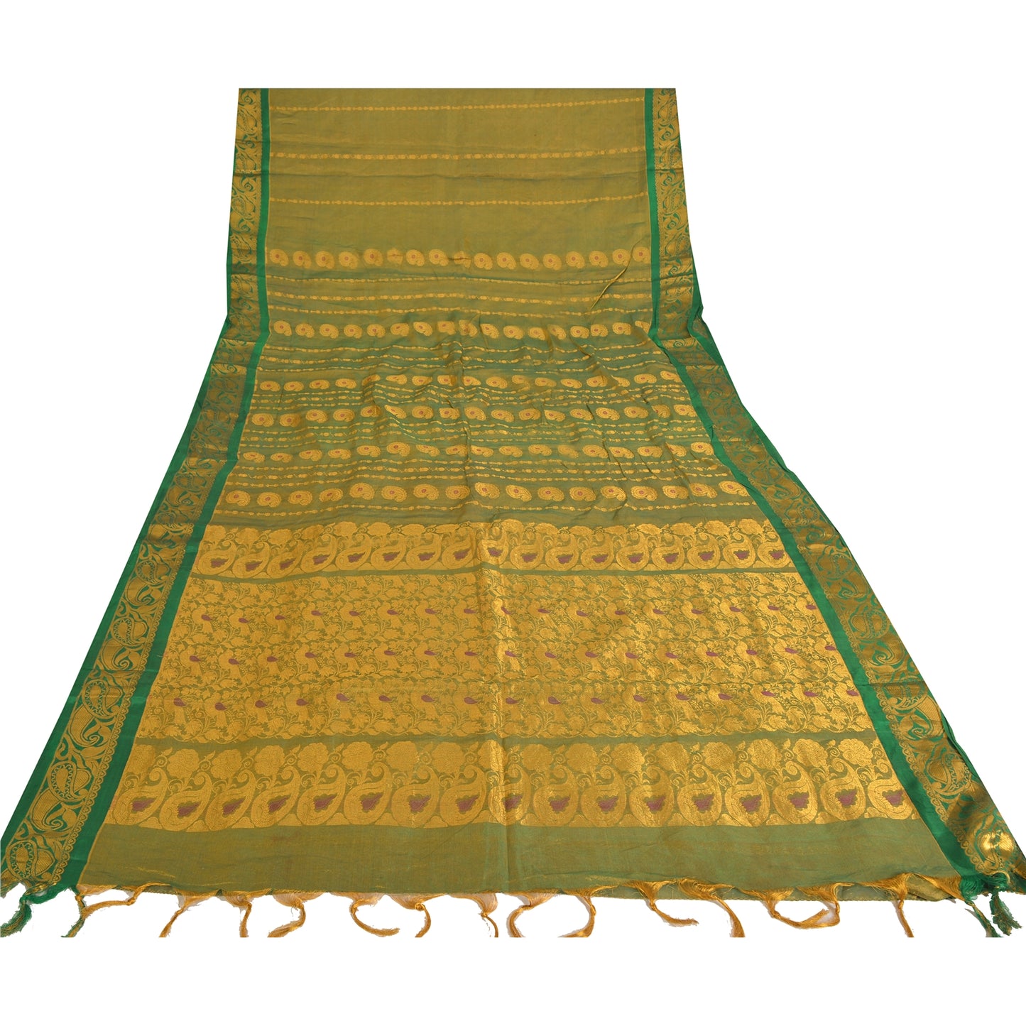 Sanskriti Vintage Yellow Green Sarees Pure Silk Hand Woven Premium Fabric Sari