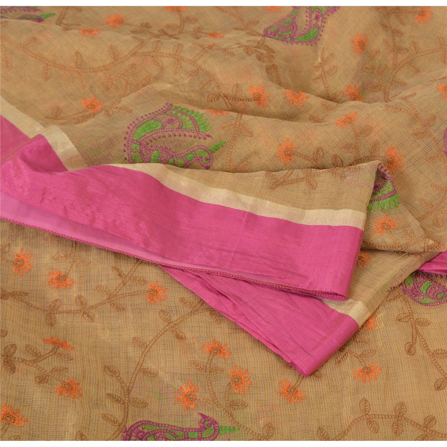 Sanskriti vintage Kotadoria sarees Pure Silk Hand Embroidered Kantha Sari Fabric