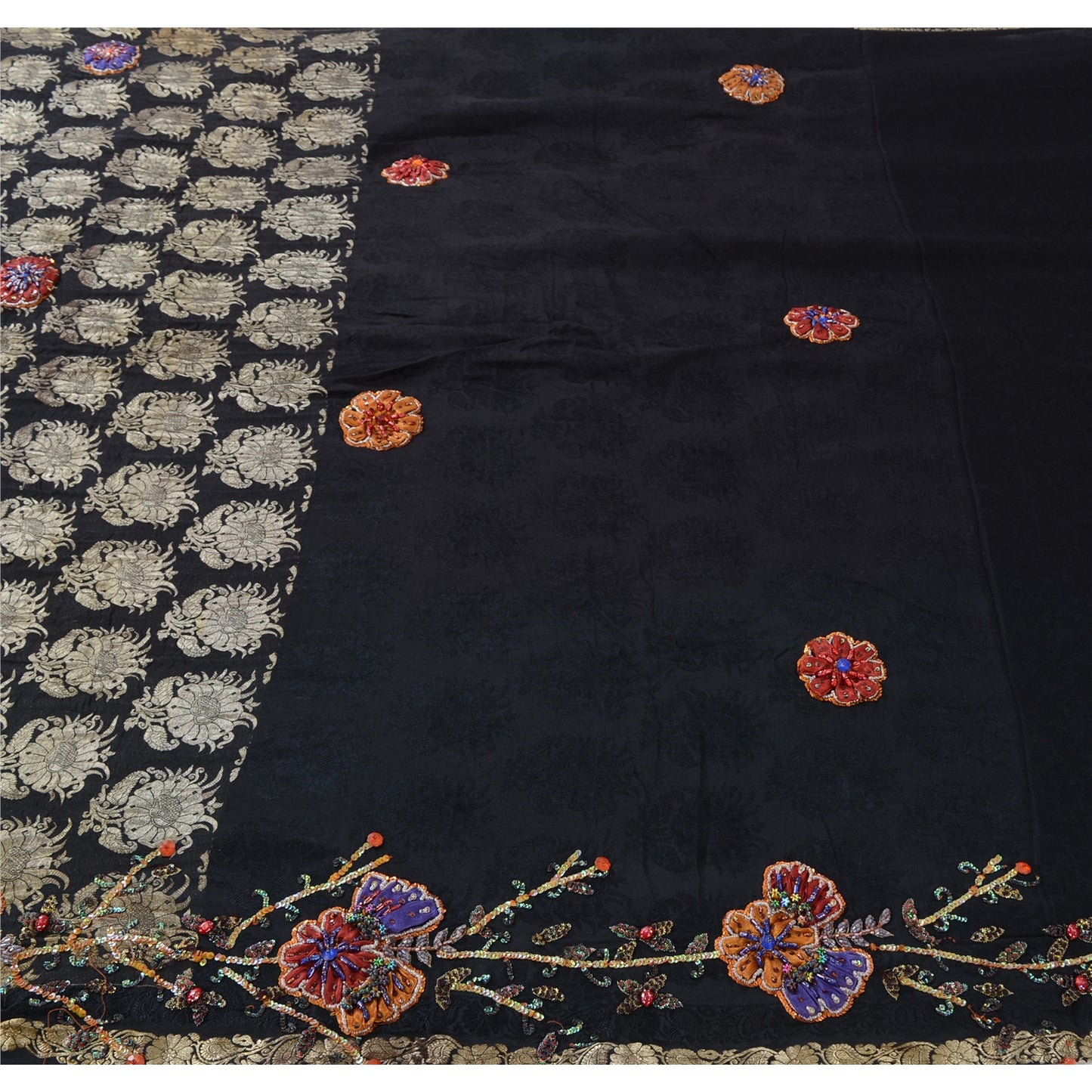 Sanskriti Vintage Indian Black Sarees Pure Silk Hand Beaded Ethnic Sari Fabric