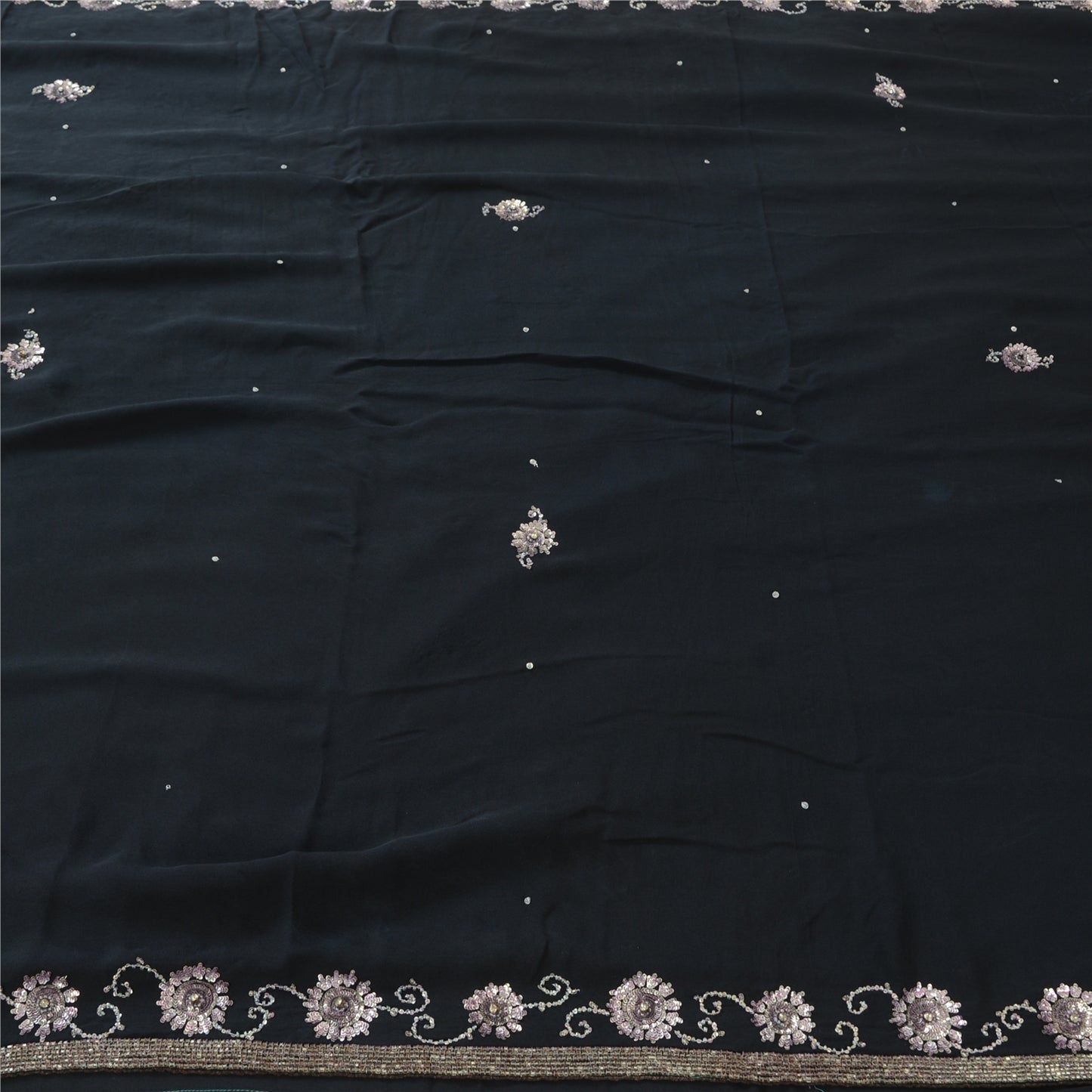 Sanskriti Vintage Black Sarees Pure Silk Hand Beaded Premium Sari Craft Fabric