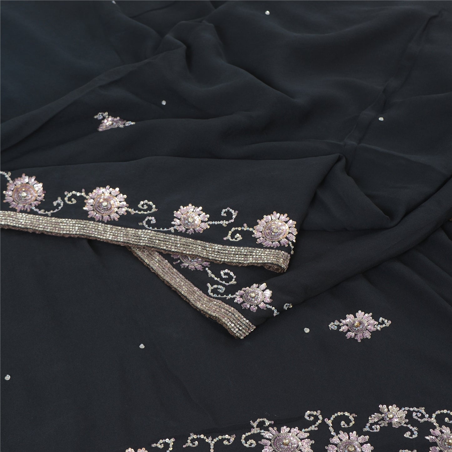 Sanskriti Vintage Black Sarees Pure Silk Hand Beaded Premium Sari Craft Fabric