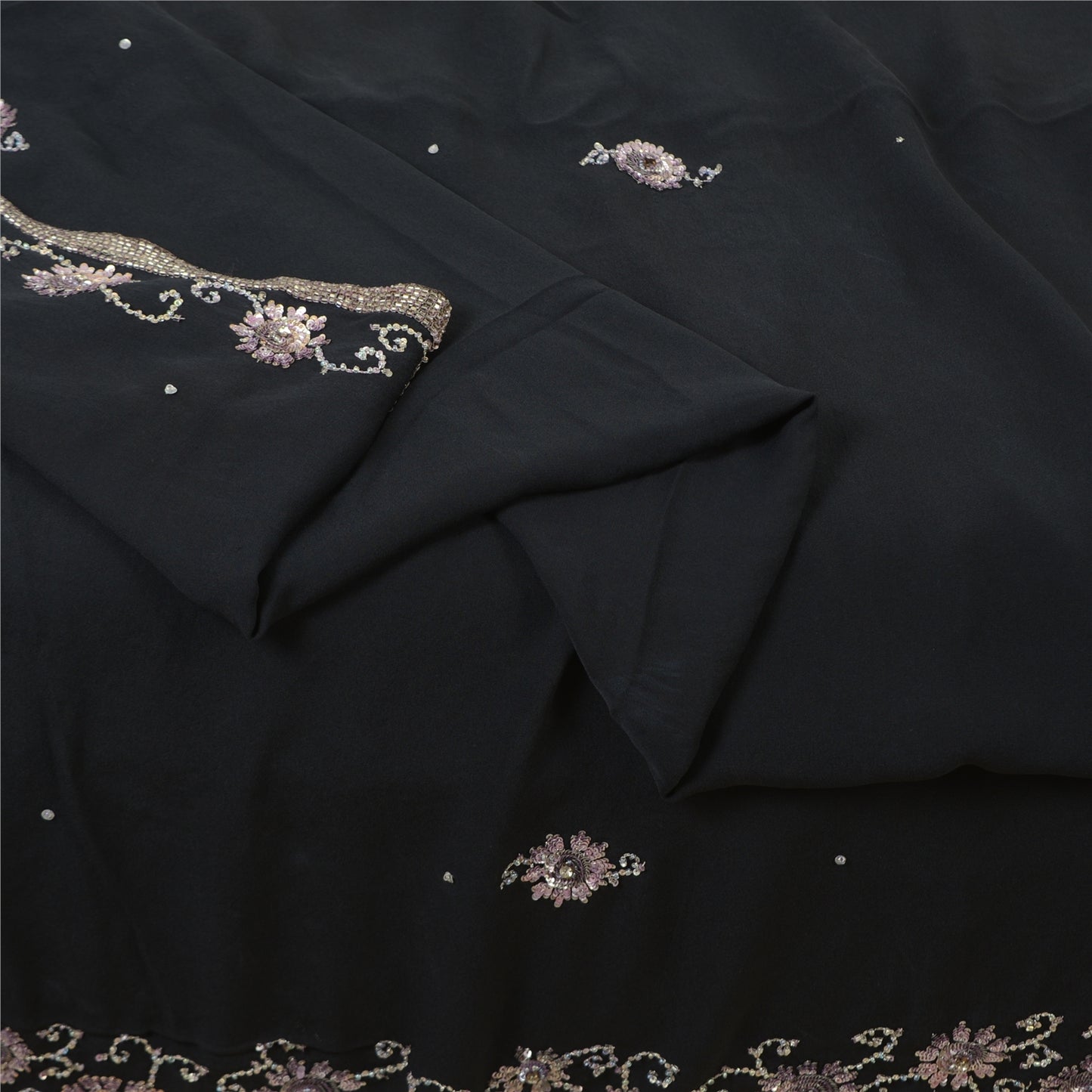 Sanskriti Vintage Black Sarees Pure Silk Hand Beaded Premium Sari Craft Fabric