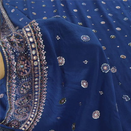 Sanskriti Vintage Blue Sarees Pure Silk Hand Beaded Premium Sari 5ydCraft Fabric