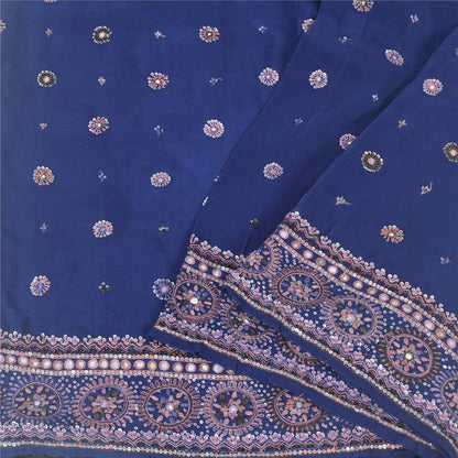 Sanskriti Vintage Blue Sarees Pure Silk Hand Beaded Premium Sari 5ydCraft Fabric