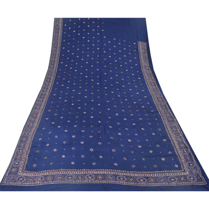 Sanskriti Vintage Blue Sarees Pure Silk Hand Beaded Premium Sari 5ydCraft Fabric