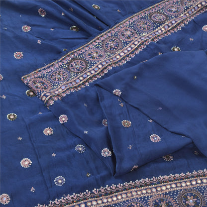 Sanskriti Vintage Blue Sarees Pure Silk Hand Beaded Premium Sari 5ydCraft Fabric