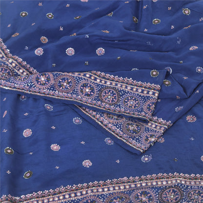 Sanskriti Vintage Blue Sarees Pure Silk Hand Beaded Premium Sari 5ydCraft Fabric