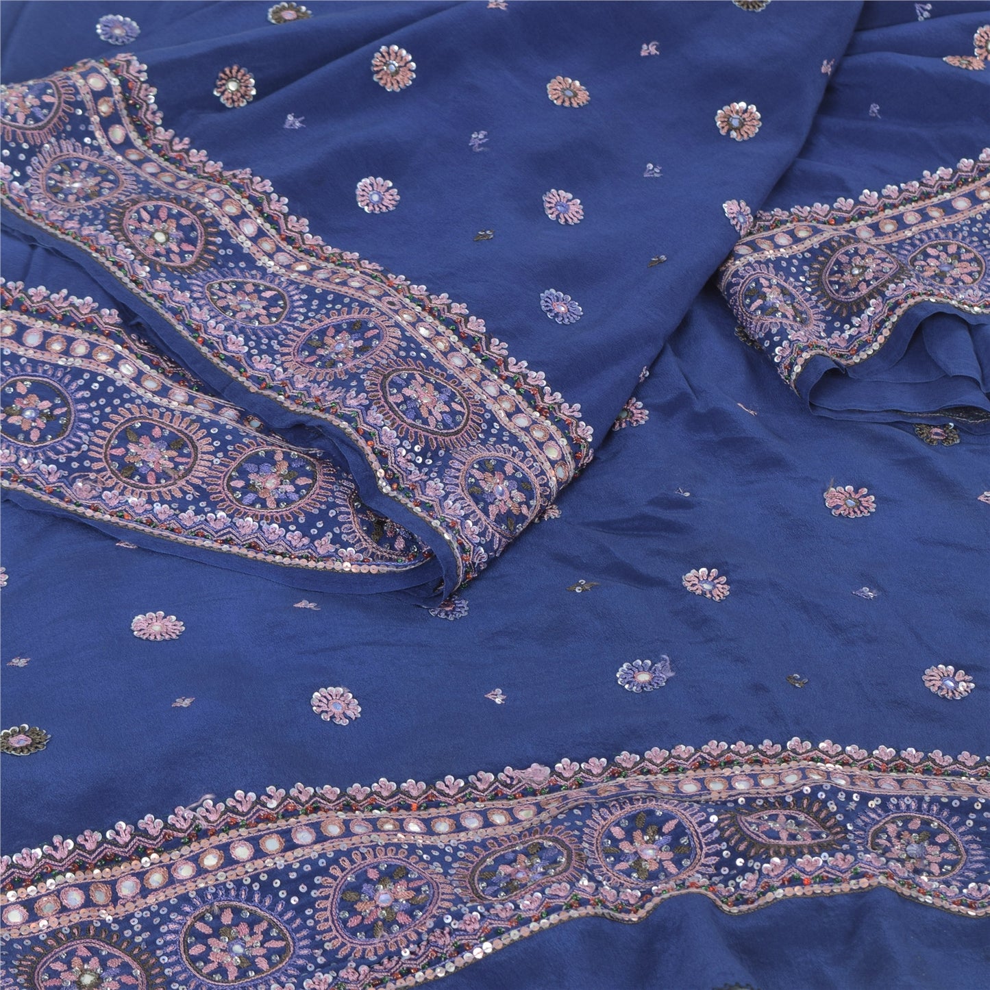 Sanskriti Vintage Blue Sarees Pure Silk Hand Beaded Premium Sari 5ydCraft Fabric