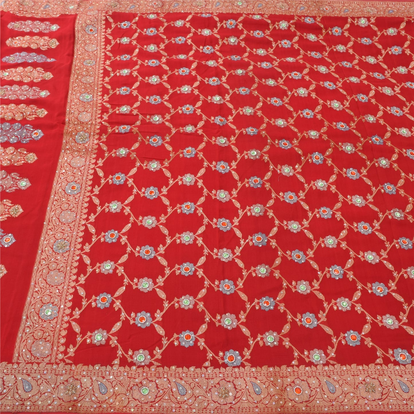 Sanskriti Vintage Red Sarees Pure Georgette Hand Beaded Premium Sari 5yd Fabric