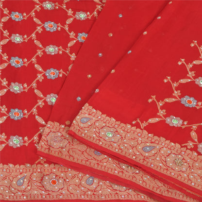 Sanskriti Vintage Red Sarees Pure Georgette Hand Beaded Premium Sari 5yd Fabric