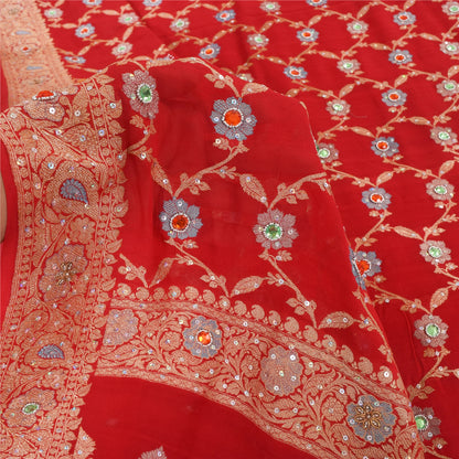 Sanskriti Vintage Red Sarees Pure Georgette Hand Beaded Premium Sari 5yd Fabric