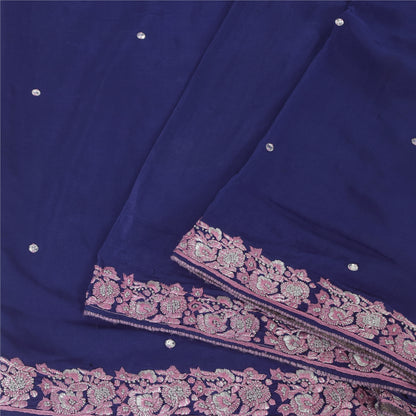 Sanskriti Vintage Blue Sarees Pure Crepe Silk Embroidered Sari 5yd Craft Fabric