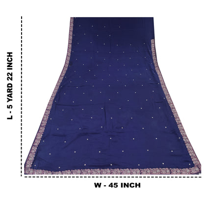 Sanskriti Vintage Blue Sarees Pure Crepe Silk Embroidered Sari 5yd Craft Fabric