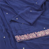 Sanskriti Vintage Blue Sarees Pure Crepe Silk Embroidered Sari 5yd Craft Fabric