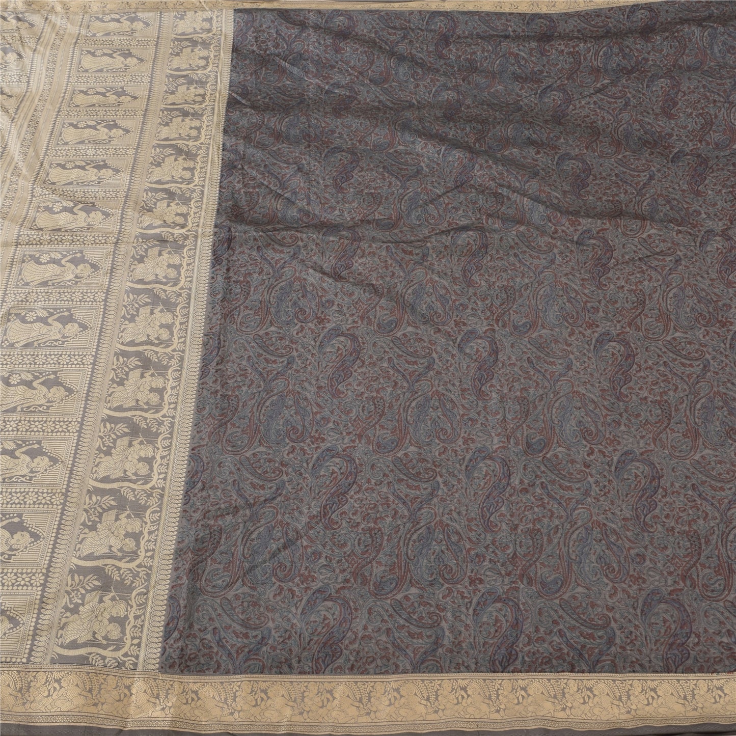 Sanskriti Vintage Indian Gray Sarees Pure Silk Woven Printed Sari Craft Fabric