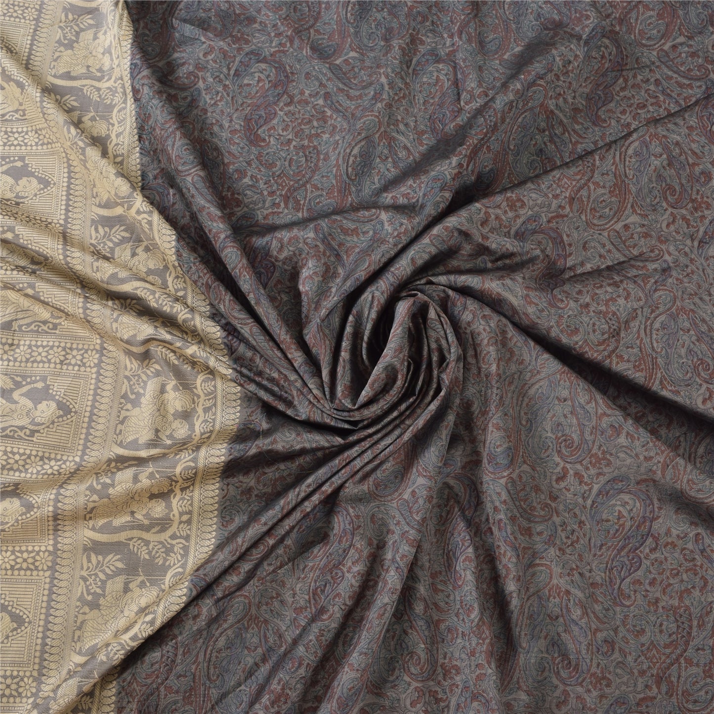 Sanskriti Vintage Indian Gray Sarees Pure Silk Woven Printed Sari Craft Fabric