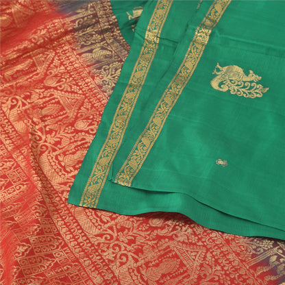 Sanskriti Vintage Red/Green Sarees Pure Silk Woven Premium Sari 5yd Craft Fabric