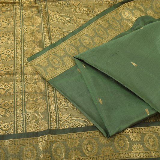 Sanskriti Vintage Green Sarees Pure Silk Brocade Woven Ethnic Sari Craft Fabric