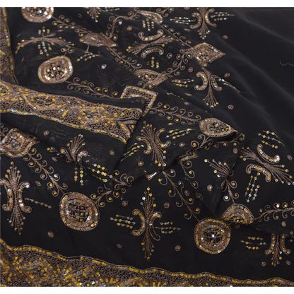 Sanskriti Vintage Black Sarees Georgette Hand Beaded Premium Sari Craft Fabric