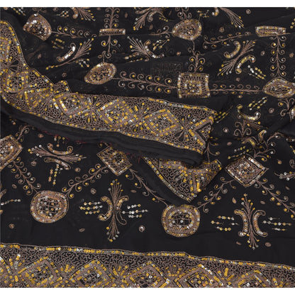 Sanskriti Vintage Black Sarees Georgette Hand Beaded Premium Sari Craft Fabric