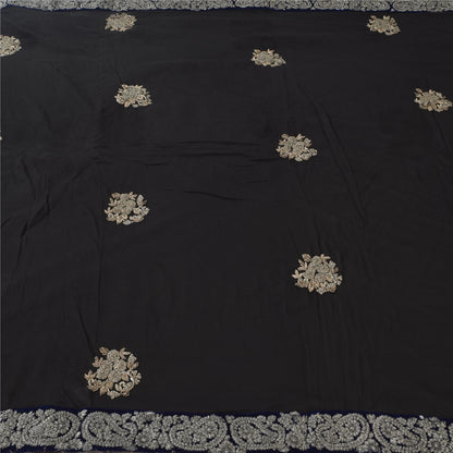 Sanskriti Vintage Indian Black Sarees Net Hand Beaded Premium Sari Craft Fabric