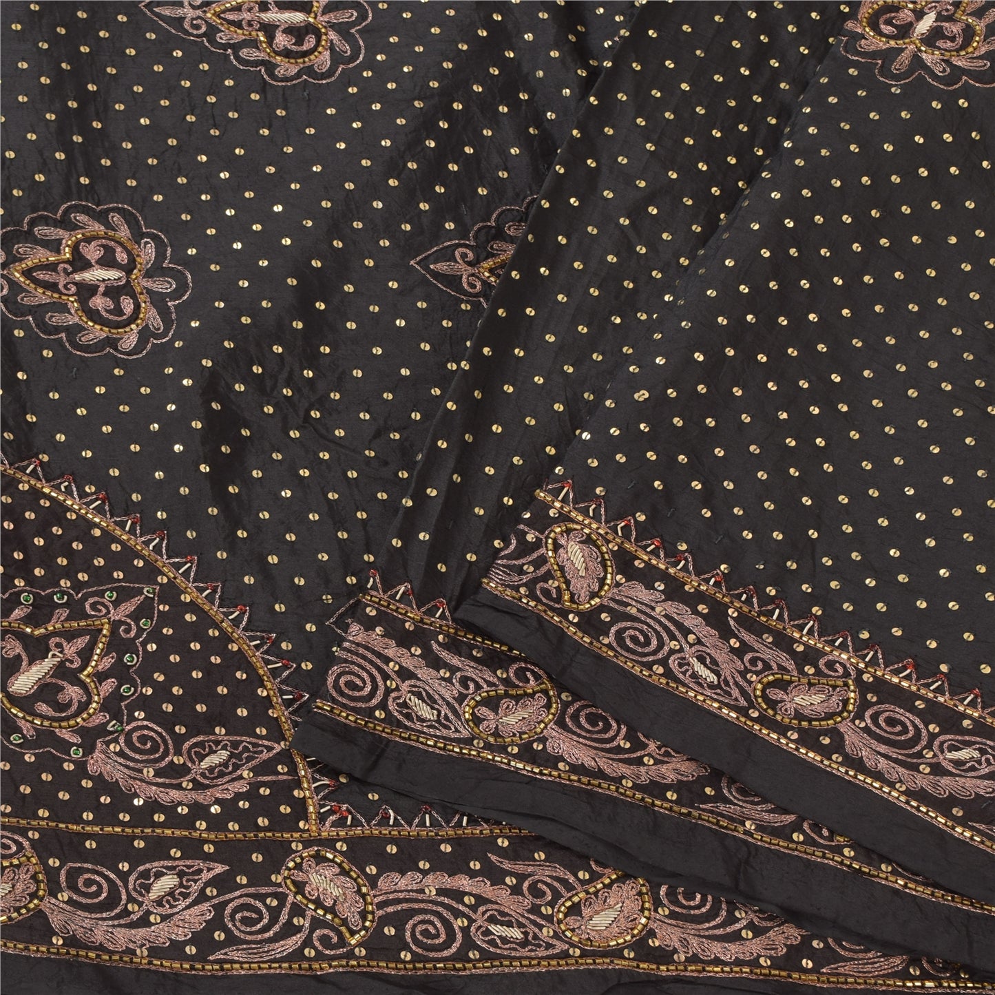 Sanskriti Vintage Indian Brown Sarees Pure Silk Hand Beaded Premium Sari Fabric