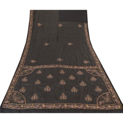 Sanskriti Vintage Indian Brown Sarees Pure Silk Hand Beaded Premium Sari Fabric