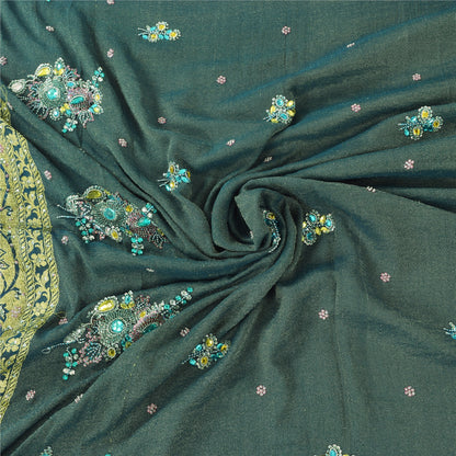 Sanskriti Vintage Green Sarees Pure Silk Hand Beaded Premium Sari Craft Fabric