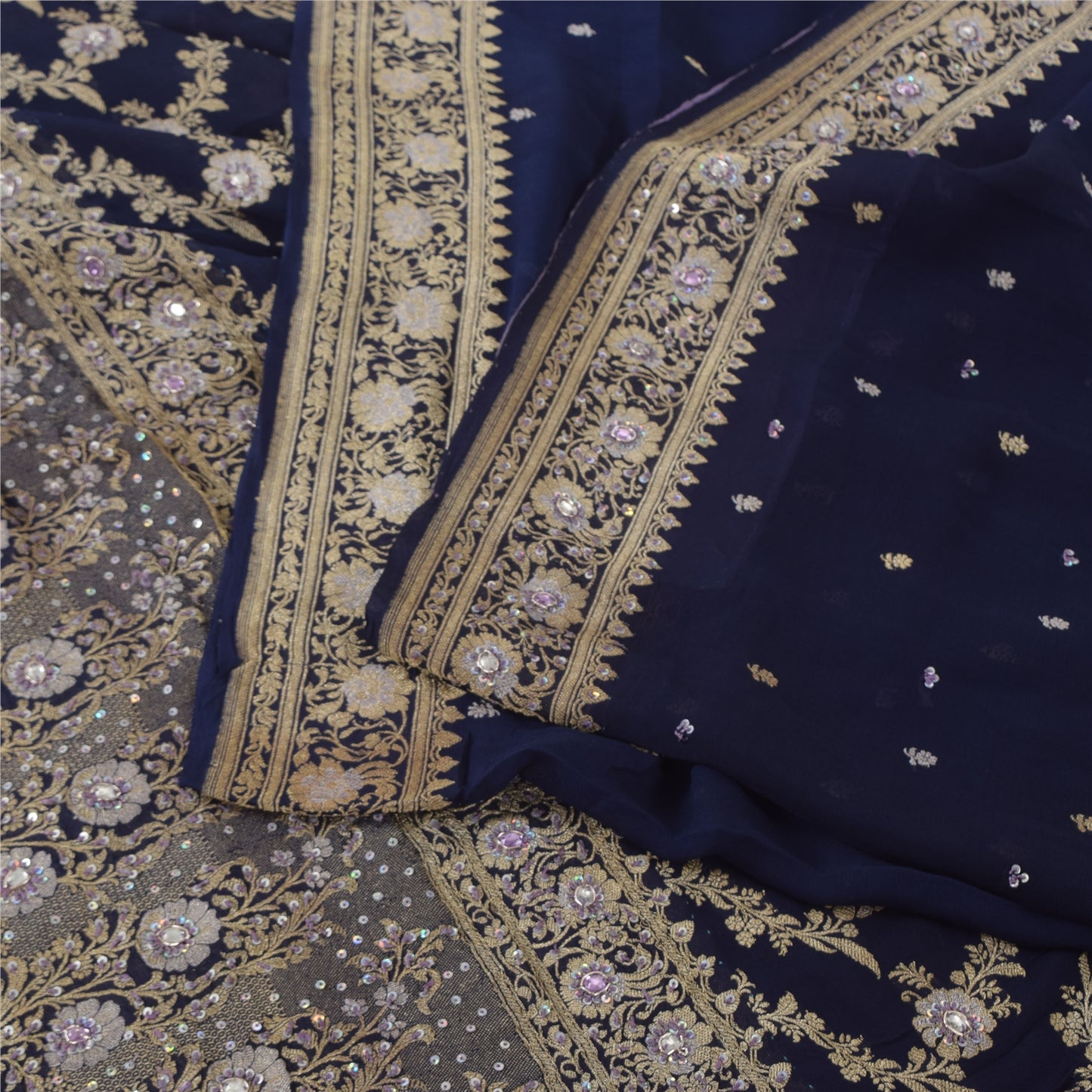 Sanskriti Vintage Blue Sarees Pure Georgette Hand Beaded Sari 6yd Craft Fabric