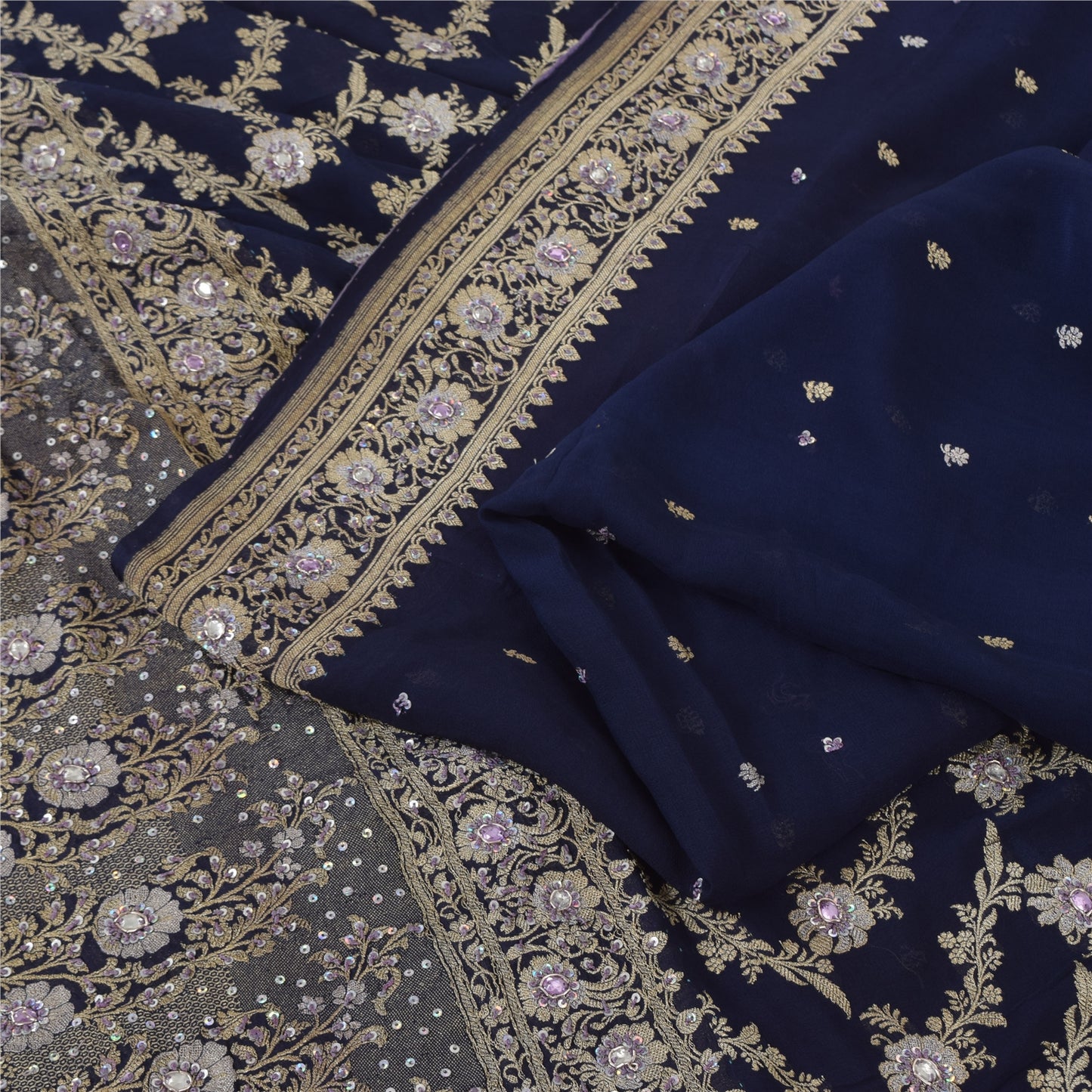 Sanskriti Vintage Blue Sarees Pure Georgette Hand Beaded Sari 6yd Craft Fabric