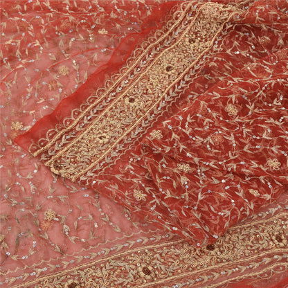 Sanskriti Vintage Red Sarees Net Mesh Hand Beaded Premium Sari 6yd Craft Fabric