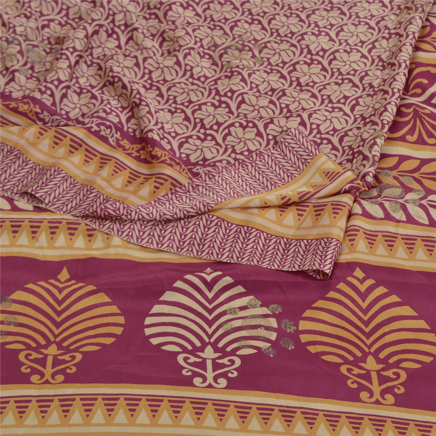 Sanskriti Vintage Purple Sarees Moss Crepe Floral Printed Craft Fabric Sari