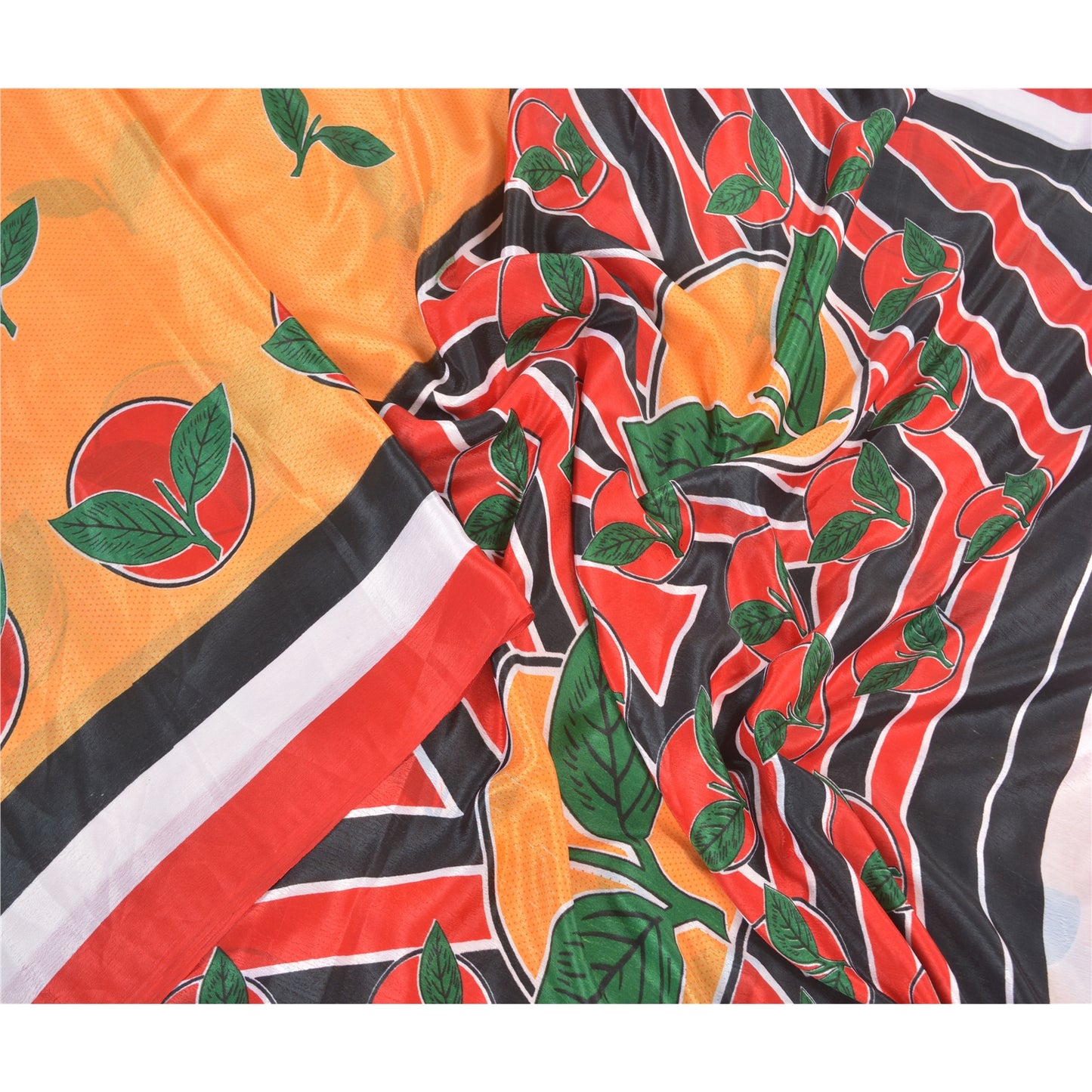 Sanskriti Vintage Neon Orange Sarees Moss Crepe Printed Sari 5yd Craft Fabric