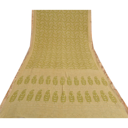 Sanskriti Vintage Sarees Green Block Printed Pure Cotton Sari Soft Craft Fabric