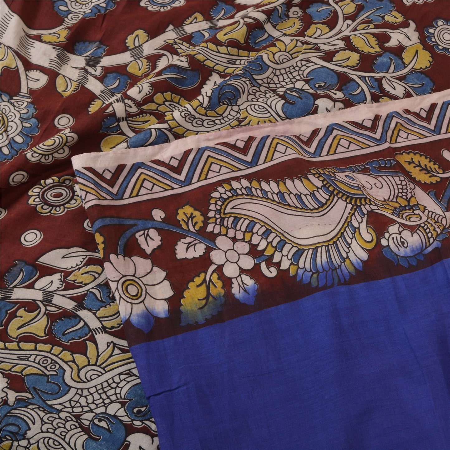 Sanskriti Vintage Sarees Peacock Hand-Block Kalamkari Pure Cotton Sari Fabric