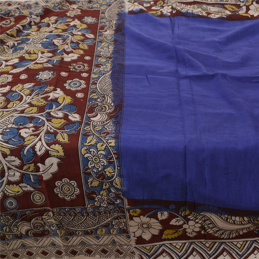 Sanskriti Vintage Sarees Peacock Hand-Block Kalamkari Pure Cotton Sari Fabric