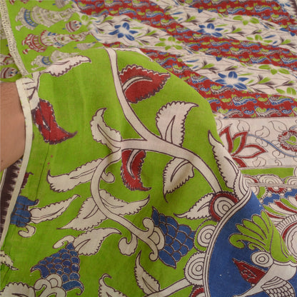 Sanskriti Vintage Sarees Handmade Peacock Kalamkari PureCotton Sari Craft Fabric