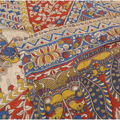 Sanskriti Vintage Sarees Red Hand made Peacock Kalamkari Pure Cotton Sari Fabric