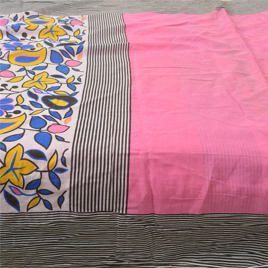 Sanskriti Vintage Sarees Pink Floral Painted Pure Cotton Sari Soft Craft Fabric